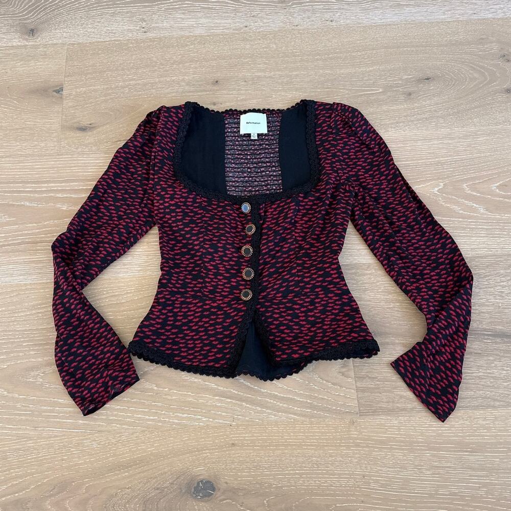 Reformation Top Lace Trim Long Sleeve Nikky Size 0 Red Black